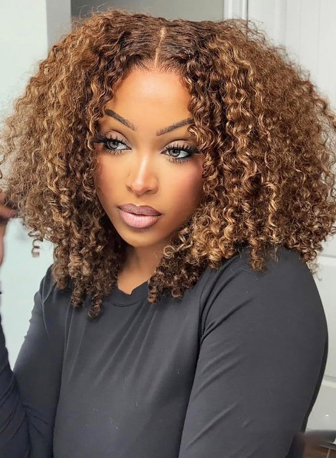 ISEE M-Cap Kinky Curly Wear Go Glueless Wigs Human Hair Pre Plucked Pre Cut Bleached Knots 9x6 HD Lace Glueless Human Hair Wigs For Women (Highlight Ombre, 12 Inch) - Image 1